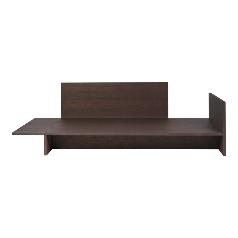 Dark brown wooden desk with a sleek, minimalist design and clean lines, perfect for modern office decor.
