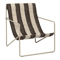 Stripped armchair in black and beige, featuring bold, alternating horizontal stripes on a woven texture.
