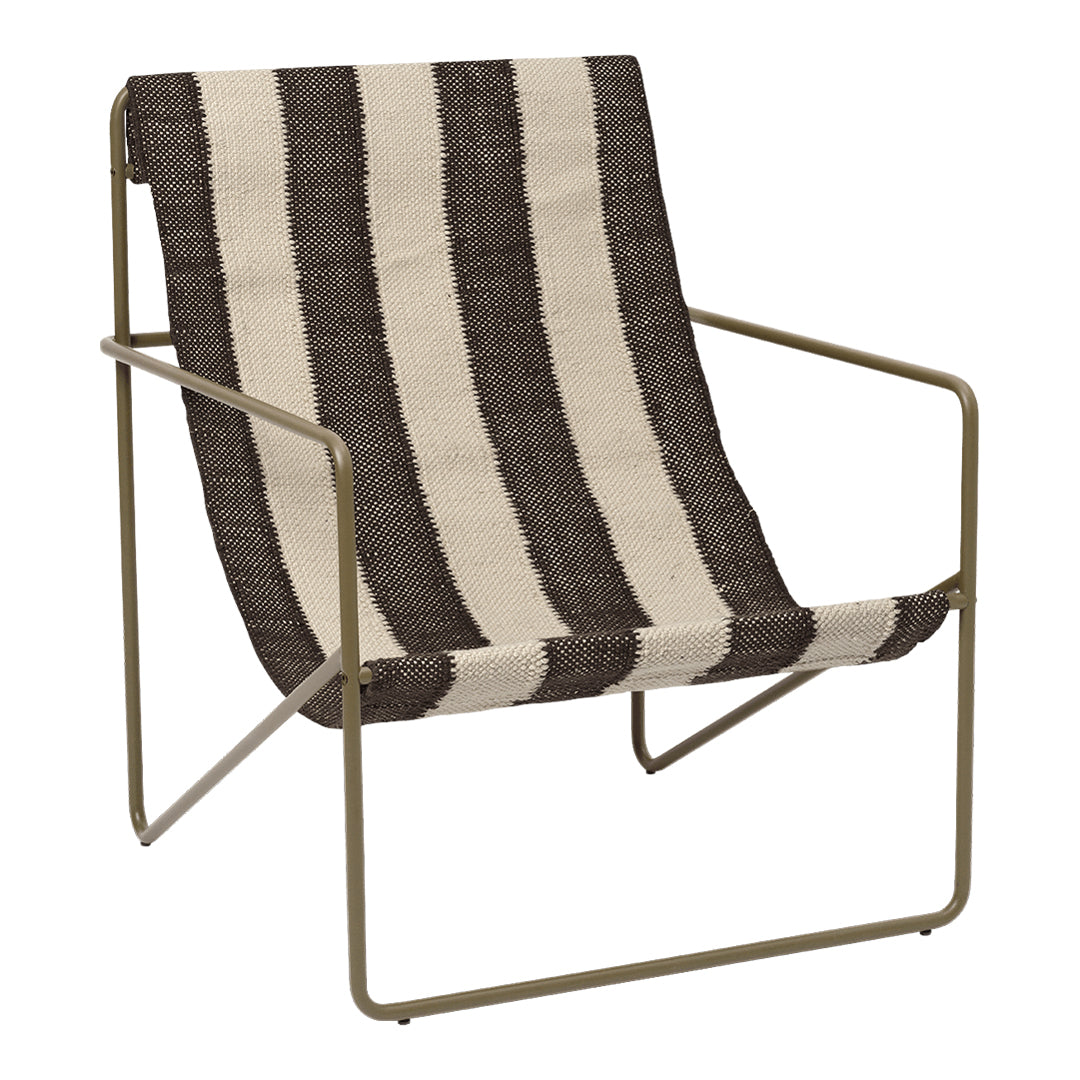 Striped lounge chair featuring bold black and cream color pattern on a sleek metal frame. Ideal for modern decor.