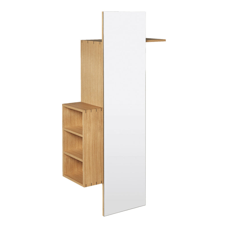 Natural oak wood with smooth, light grain; features a sleek white mirror panel for a modern aesthetic.