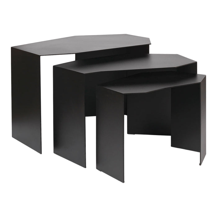 Set of three sleek black geometric nesting tables with a modern design. Perfect for minimalist decor.
