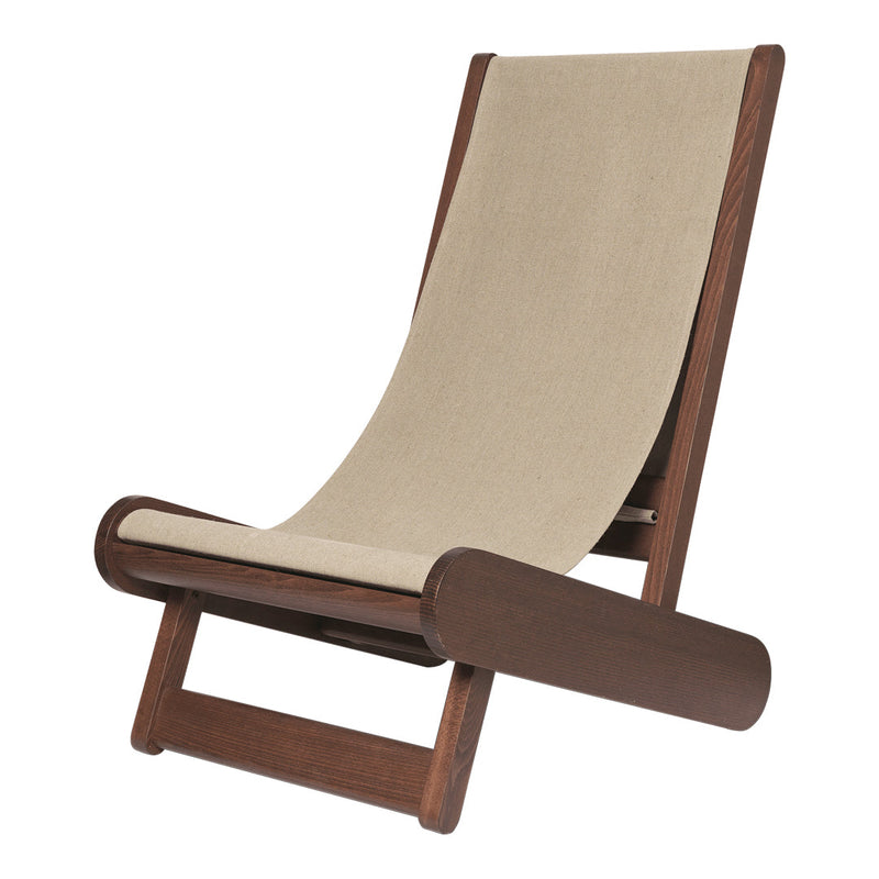 Beige fabric with a smooth texture, paired with a rich brown wooden frame, creating a modern, minimalist aesthetic.
