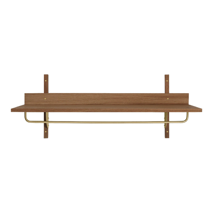 Brown wood shelf with brass accents, featuring a smooth finish and simple, modern design for elegant decor.