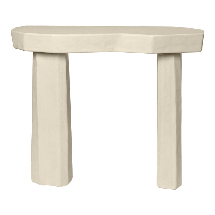 Light beige console table with a geometric design and textured finish, perfect for modern decor.
