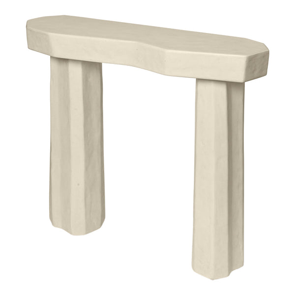 Cream-colored console table with a unique, geometric pattern and textured, sculptural legs. Perfect for modern decor.
