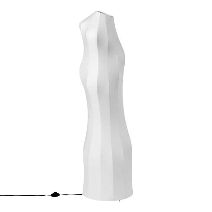 Sleek white lamp with a wavy, sculptural design, featuring smooth, textured patterns.