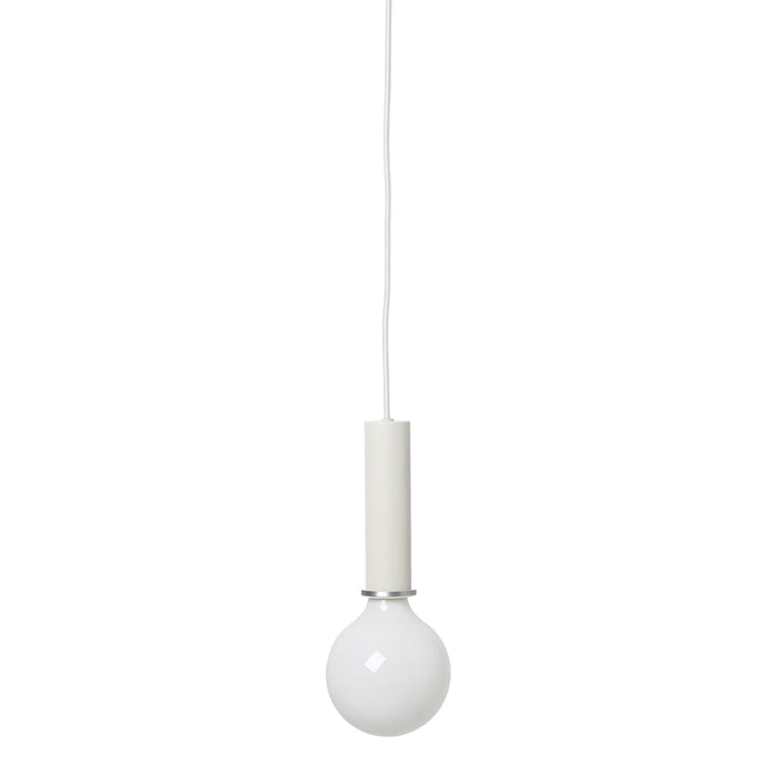 White pendant light with a round glass bulb and minimalist white holder, suspended by a sleek cord.