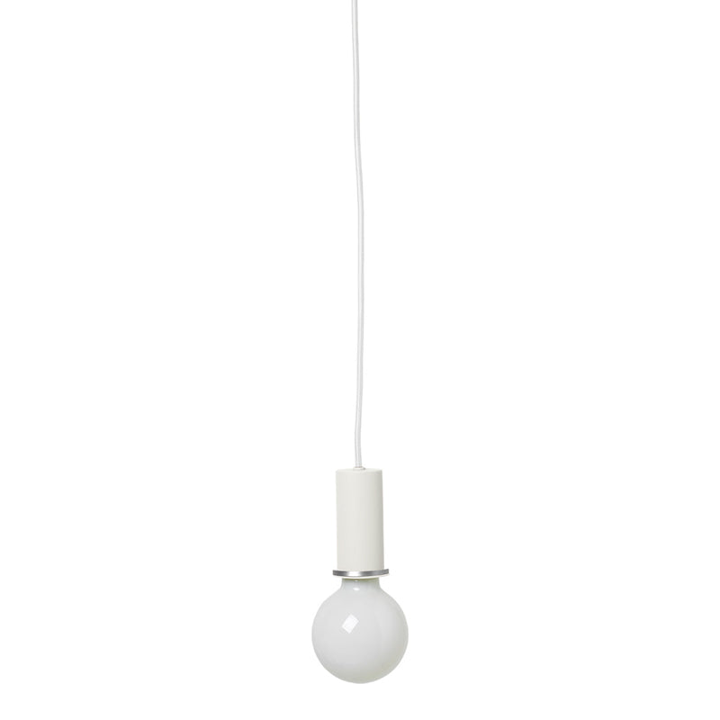 White pendant light with a sleek, minimalist design and smooth round bulb, hung by a thin white cord.