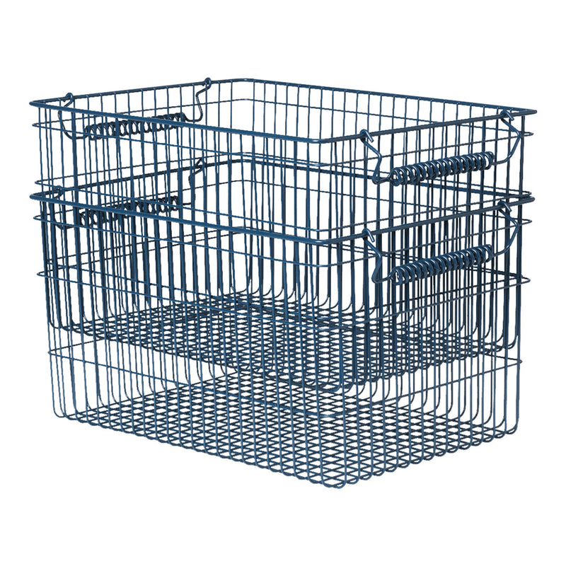 Blue metal wire storage baskets with a simple grid pattern, featuring a stacked design for versatile organization.