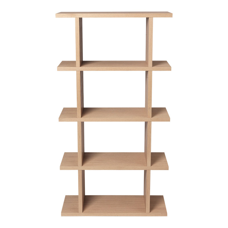 Natural wood bookshelf with a minimalist design, featuring a light beige tone and clean, geometric lines.