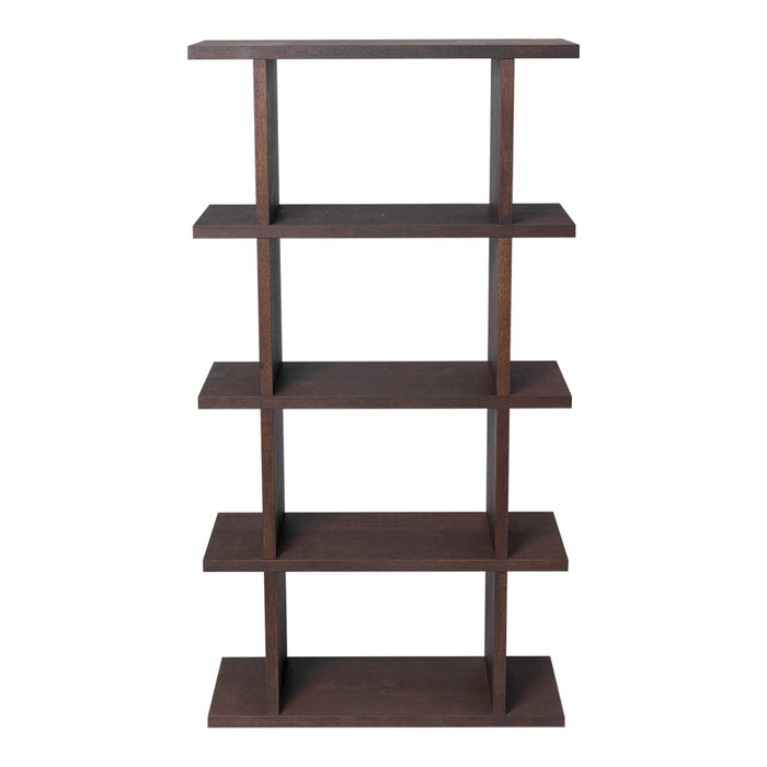 Dark wood bookshelf with sleek, minimalist design and five open shelves, showcasing a rich brown finish.