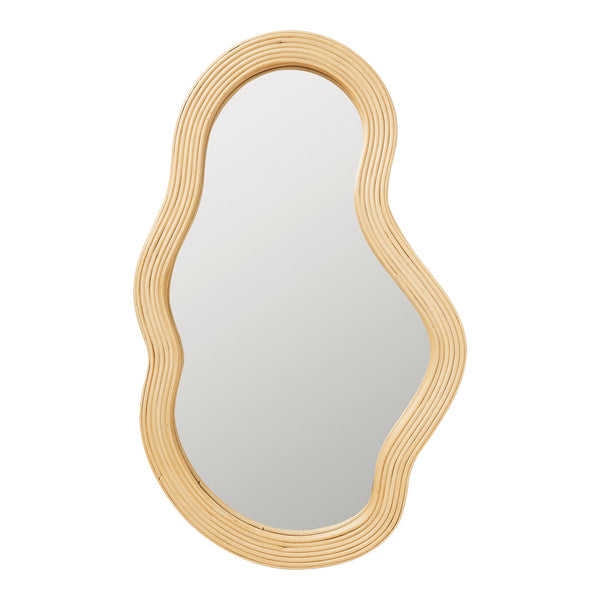 Wavy wood-framed mirror in natural tones with a unique organic shape and smooth surface reflecting light.