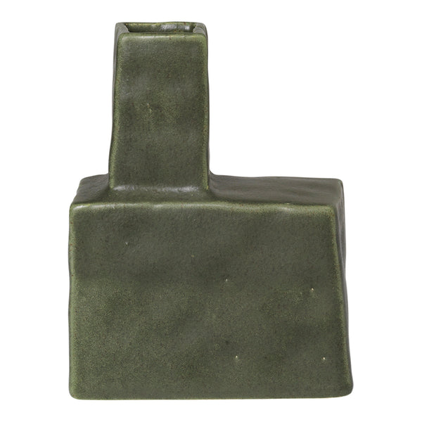 Green ceramic vase with a unique geometric shape and textured finish. Ideal for modern decor.
