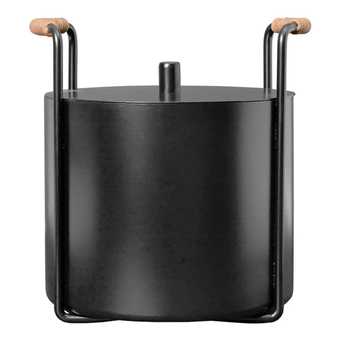 Black round storage container with wooden handles, featuring a sleek modern design.