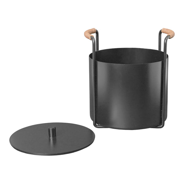 Black cylindrical storage container with wooden handles and a matching lid. Minimalist design and sleek finish.
