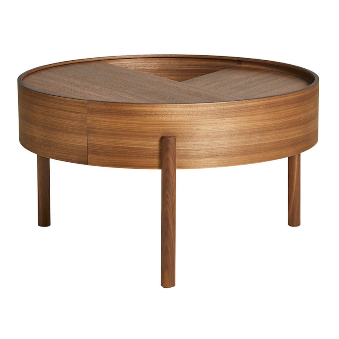 Round wooden coffee table with a natural walnut finish and a smooth pattern. Elegant design with tapered legs.