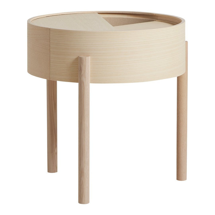 Light wood round side table with a smooth finish and subtle texture, featuring a unique geometric design on top.
