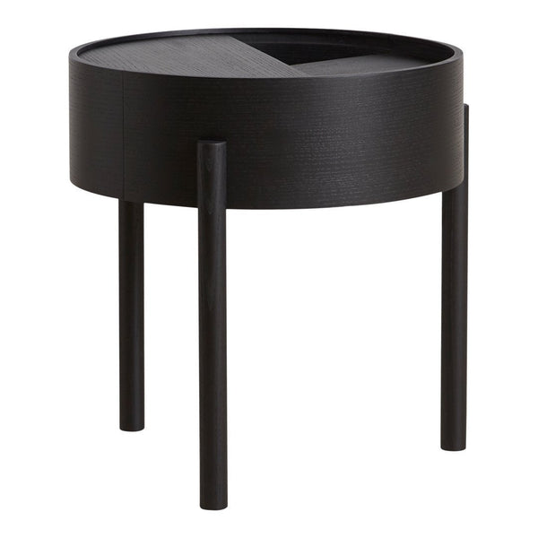 Black circular side table with a sleek matte finish and minimalist design, featuring a contrasting angled top pattern.