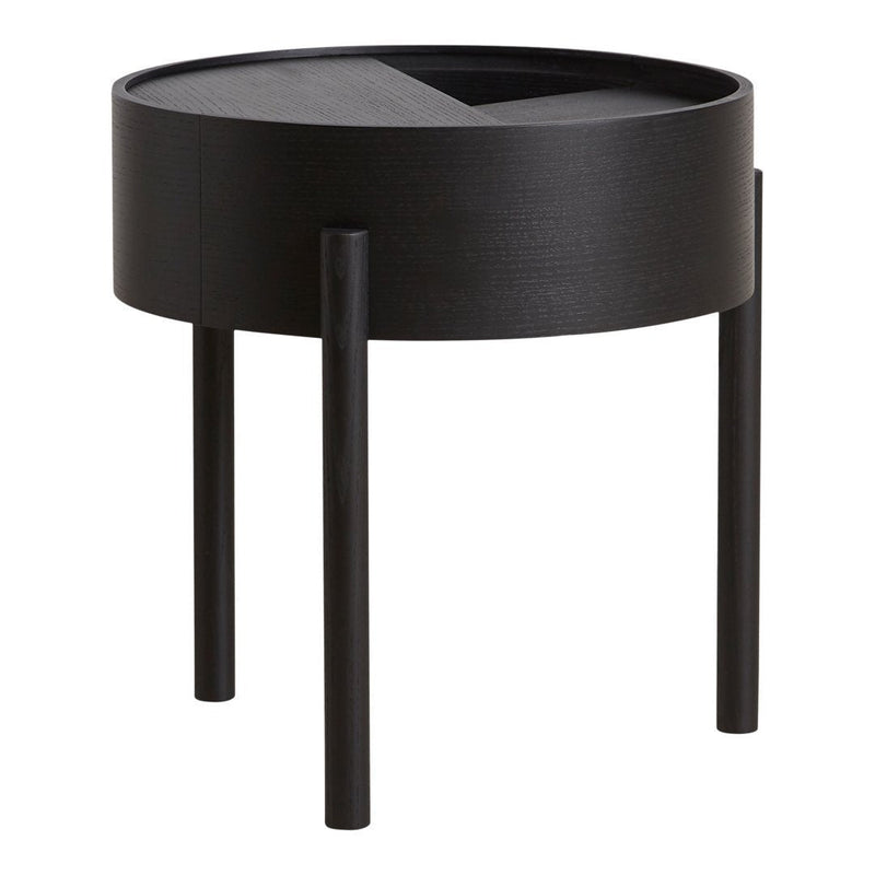 Black circular side table with a sleek matte finish and minimalist design, featuring a contrasting angled top pattern.