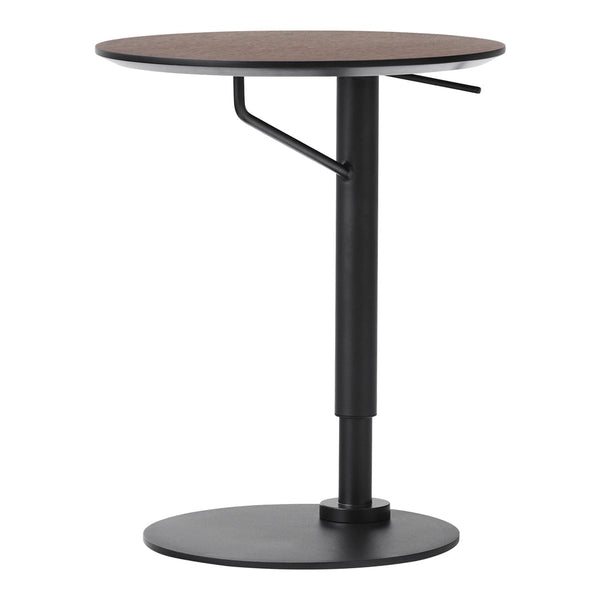 Adjustable black metal base with a round, wood-patterned tabletop in rich brown tones. Minimalist design for modern decor.