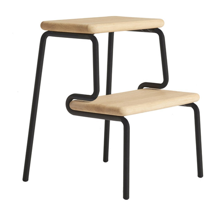 Black metal frame with natural wood seating, minimalist two-tier design for modern decor.