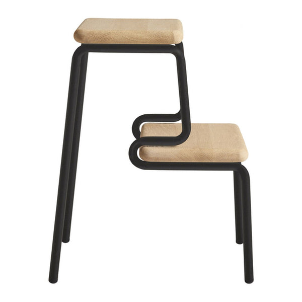 "Stylish two-tier chair with a natural wood seat and sleek black metal frame, showcasing a modern design."