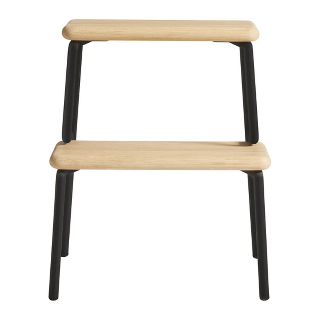 Two-step ladder with light wood shelves and black metal legs, featuring a modern, minimalist design.