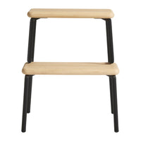 Two-step ladder with light wood shelves and black metal legs, featuring a modern, minimalist design.