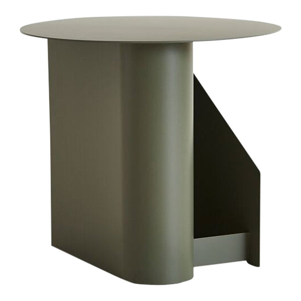 Green circular table with a smooth matte finish and a unique geometric base design.