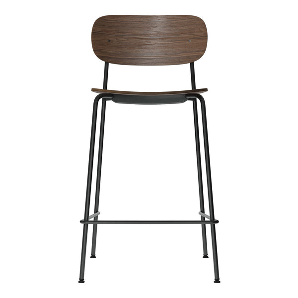 Wooden bar stool with a dark wood finish and sleek black metal legs. Simple, modern design and smooth, clean lines.
