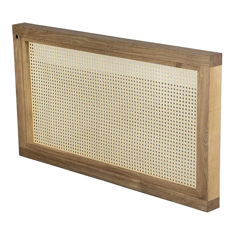 Light brown wooden frame with beige woven cane pattern. Elegant and rustic design perfect for home decor.