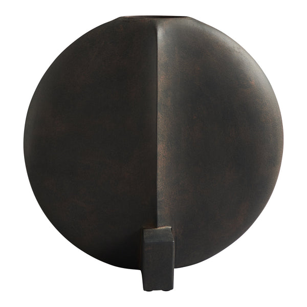 Round black vase with a matte finish featuring a sleek, split design and contrasting textures, perfect for modern decor.