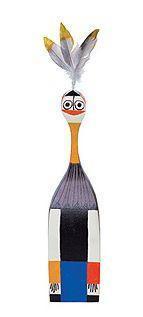 Colorful wooden decorative figure with orange, black, white, blue, and gray accents; features playful feather details.
