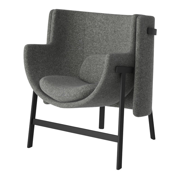 Gray upholstered chair with a smooth, minimalist design and black metal frame. Perfect for modern spaces.