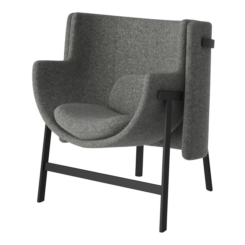 Gray upholstered chair with a smooth, minimalist design and black metal frame. Perfect for modern spaces.
