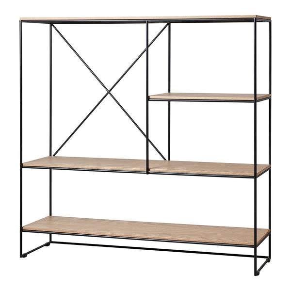 Black metal shelving unit with natural wood shelves and minimalist design. Features clean lines and cross-pattern accents.