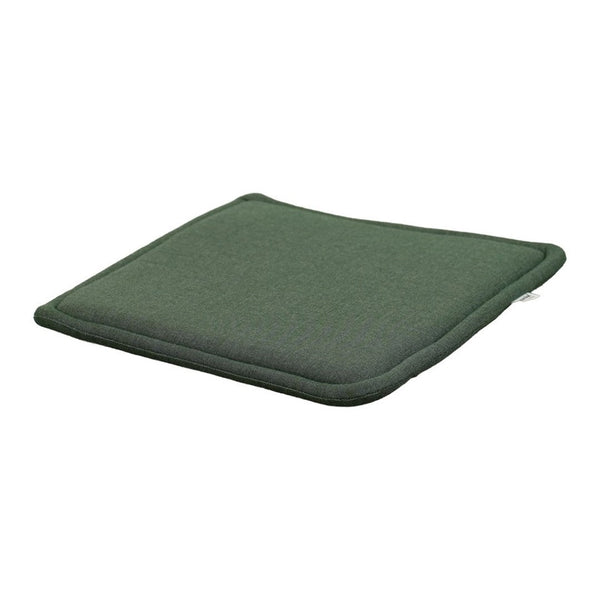 Green square cushion with a smooth texture and rounded edges, perfect for adding a pop of color to any space.