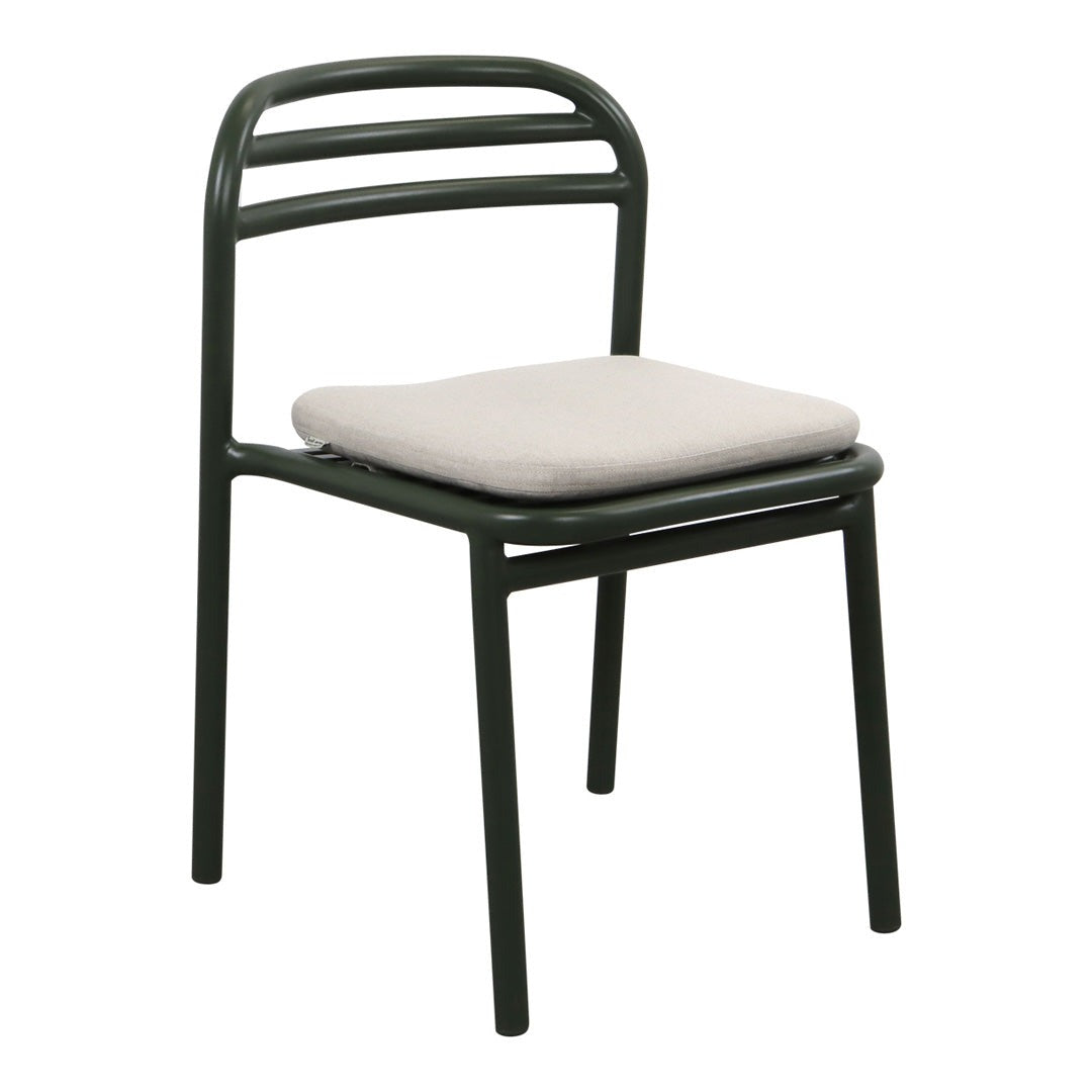 Green metal chair with a clean, modern design and a light beige cushion seat. Ideal for contemporary decor.
