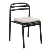 Green metal chair with a clean, modern design and a light beige cushion seat. Ideal for contemporary decor.