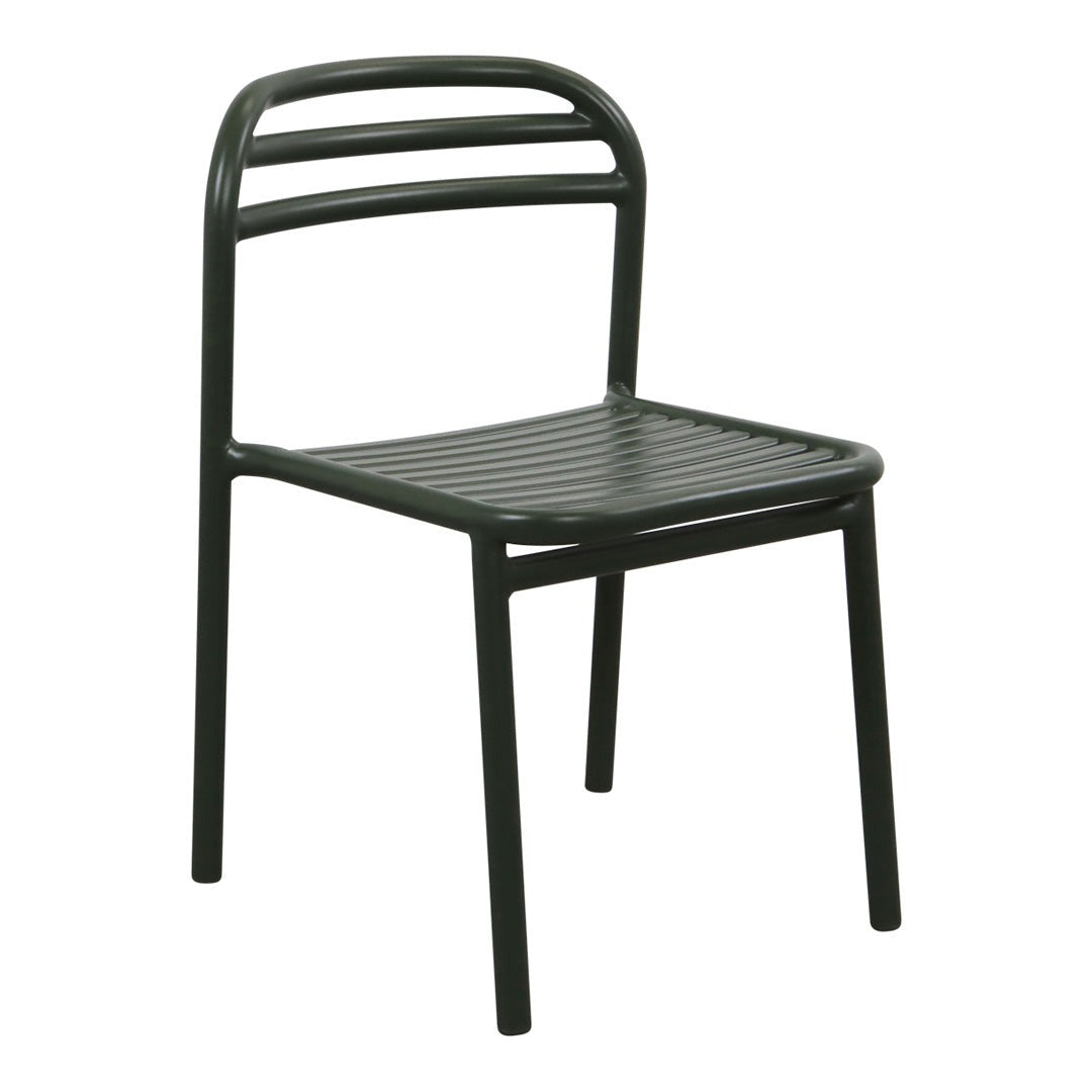 Green metal chair with a slatted seat and backrest, featuring a sleek, minimalist design. Perfect for modern decor.