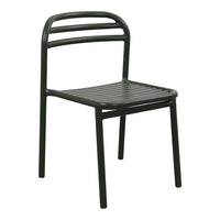 Green metal chair with a slatted seat and backrest, featuring a sleek, minimalist design. Perfect for modern decor.
