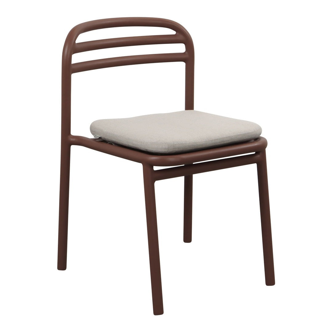 Brown metal chair with a sleek design and light gray padded seat. Perfect for modern decor.