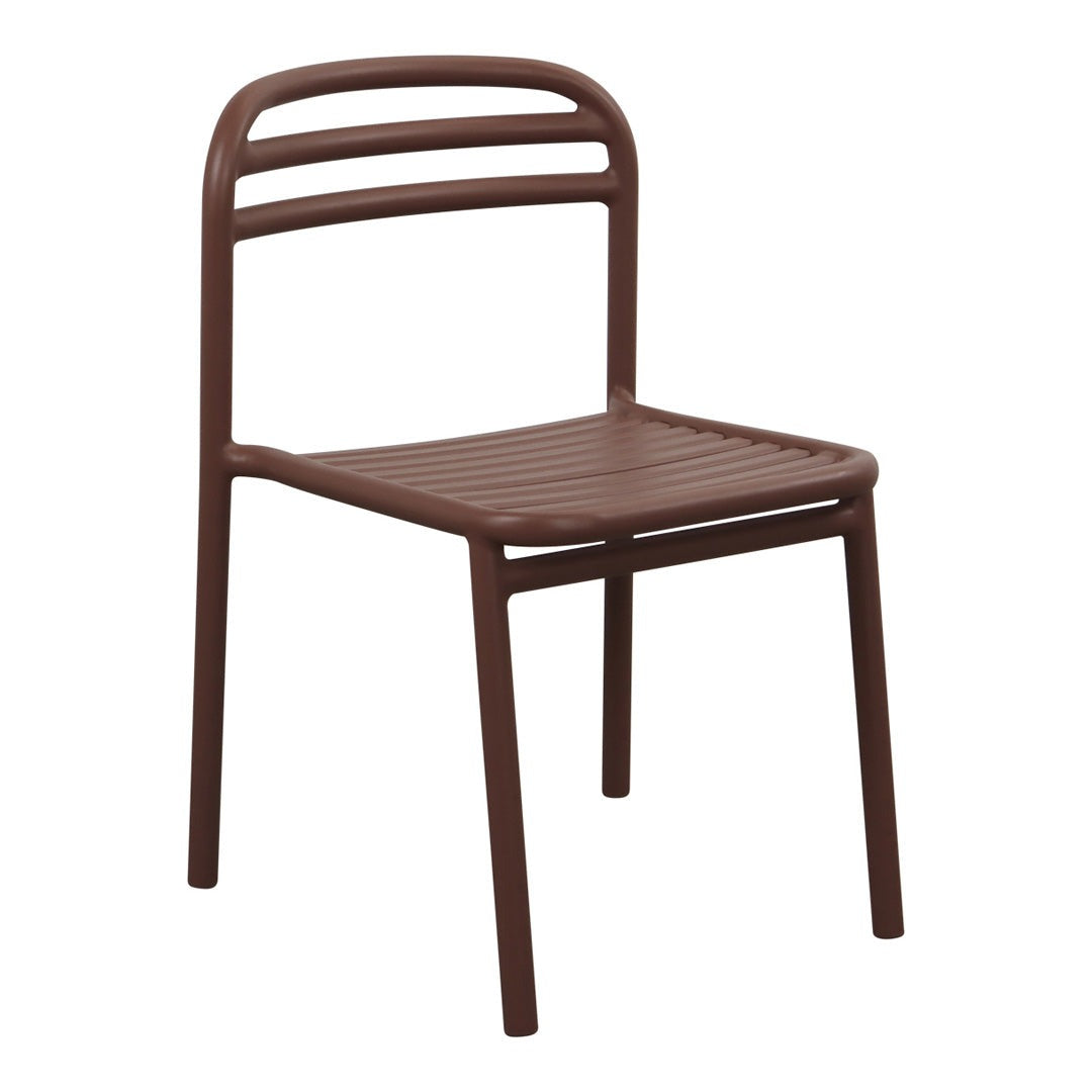 Brown outdoor chair with sleek lines and a slatted seat design, perfect for modern patio decor.