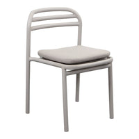 Light gray metal chair with a simple design and a soft beige cushion seat for comfort and style.