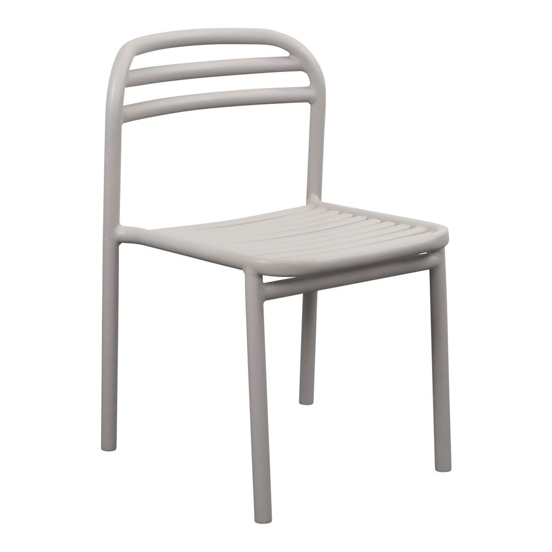 Light gray chair with a minimalist design featuring horizontal slat back and ribbed seat. Ideal for modern decor.