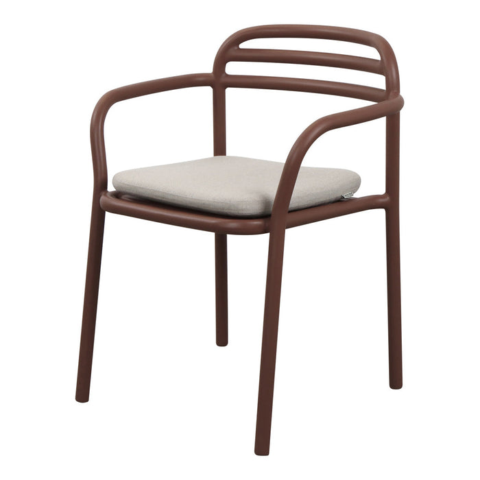 Brown metal chair with a minimalist design and light gray cushioned seat. Ideal for modern indoor or outdoor settings.