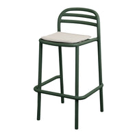 Green metal bar stool with a light beige cushioned seat and minimalist design featuring horizontal backrests.