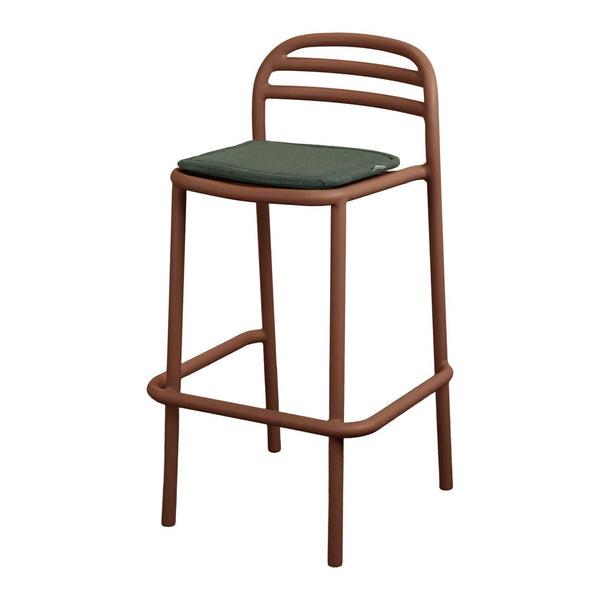 Brown metal bar stool with a green seat and minimalist stripe design on the backrest. Modern and stylish accent.