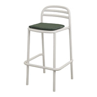 White bar stool with a sleek design and a dark green padded seat. Modern and minimalist style for any decor.