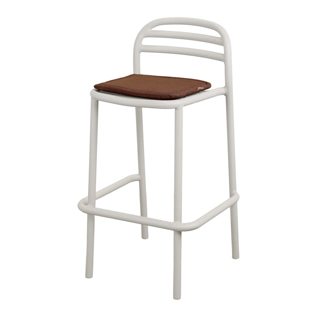 White bar stool with a sleek design and a brown cushioned seat. Modern and minimalistic for any space.